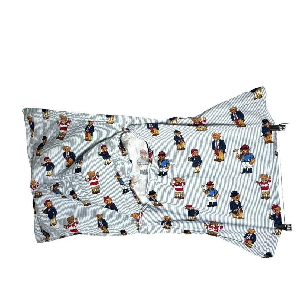 Polo Ralph Lauren Teddy Bear Pillow Sham Case King Sham Stripe Blue Cotton